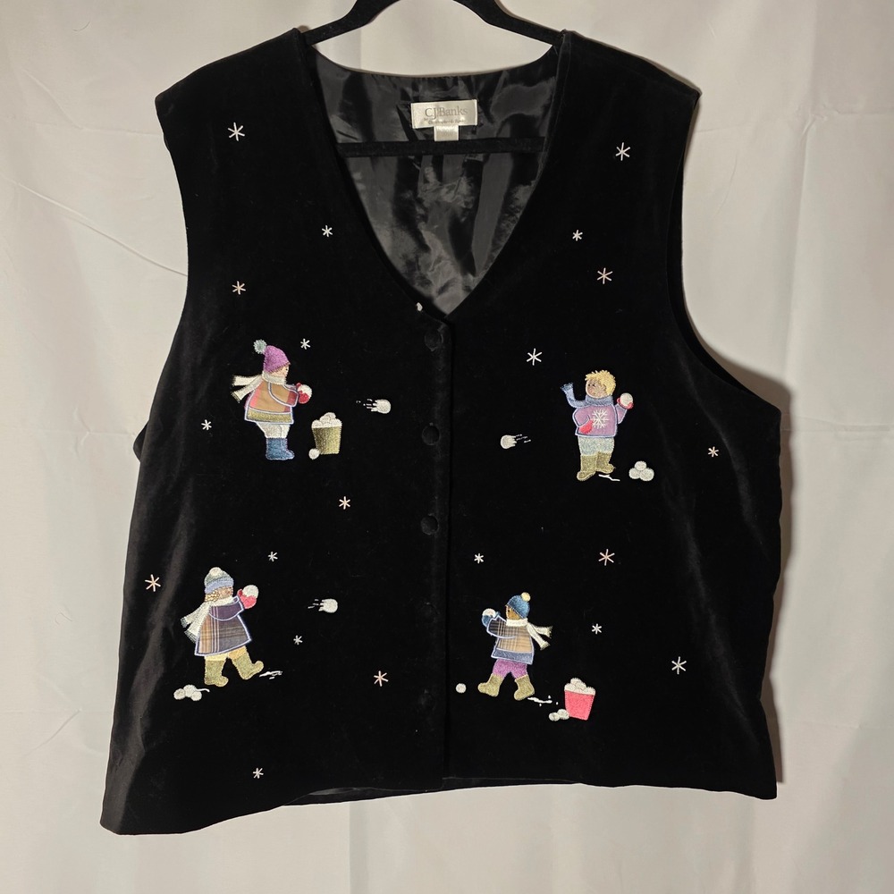 CJ Banks‎ Black Velvet Vest Winter Snowman Embroidered Christmas Holiday 20W